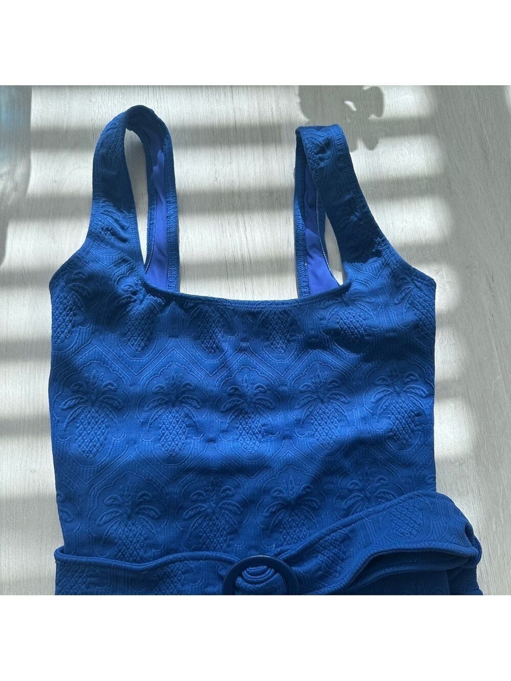 Farm Rio Blue Matelasse Pineapple Belted One-Piece Swimsuit - Picture 2 of 10